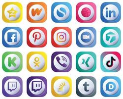 ícones de gradiente 3D fofos para os principais pacotes de mídia social 20, como vídeo. profissional. ícones meta e pinterest. moderno e de alta resolução vetor
