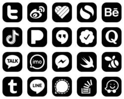 20 ícones de mídia social brancos modernos em fundo preto, como quora. hangouts do google. behance. ícones de pandora e china. alta qualidade e moderno vetor