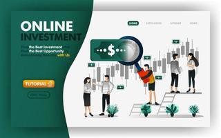 ilustração do vetor de investimento e bancário online. homens com lupas gigantes lhe darão conselhos para determinar investimentos lucrativos. pode usar para site, banner, folheto, panfleto, impressão, celular, interface do usuário