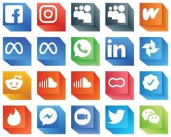 Ícones de mídia social 3D para apresentações 20 ícones embalam como som. reddit. literatura. fotos do google e ícones do linkedin. exclusivo e de alta definição vetor