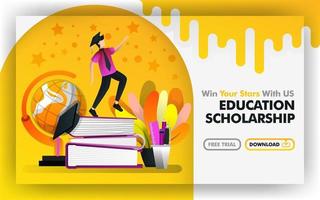 conceito de ilustração vetorial. site de banner amarelo sobre bolsa de estudos educacional. solteirão tentar alcançar estrelas estão rodeados por um globo e papelaria. adequado para impressão, online. estilo cartoon plana vetor