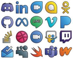 20 perguntas de ícones inovadores. pandora. odnoklassniki. ícones de mídia social de estilo de linha cheia de vídeo e linha vetor