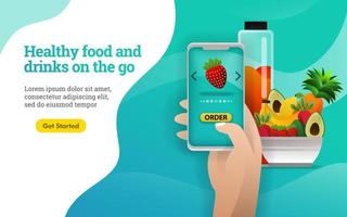 Frutas 3D. alimentos e bebidas saudáveis em viagem. as pessoas estão pedindo frutas e vegetais saudáveis com o aplicativo. pode usar para, página de destino, web, aplicativo para celular, promoção online, marketing na internet vetor