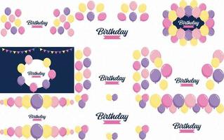 texto de feliz aniversário com um balão realista e ilustração vetorial de um balão de celebração com um fundo de bandeira colorida inclui bokeh de luz de aniversário de aniversário e glitter vetor