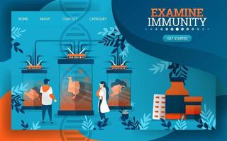 os cientistas estão examinando e examinando o sistema imunológico do corpo humano. ilustração vetorial plana dos desenhos animados vetor