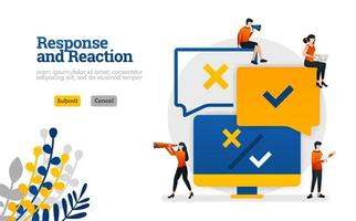 aplicativo de processamento de resposta e reação a partir de comentários do usuário para o conceito de ilustração vetorial de produtos pode ser usado para, página de destino, modelo, ui ux, web, aplicativo móvel, pôster, banner, site vetor