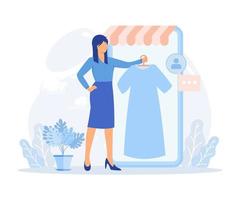 ilustração de moda sustentável. personagens vendem, compram e trocam roupas e sapatos usados online. segunda mão, troca de roupas e ilustração moderna de vetor plano de doação.