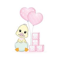 linda caixa de brinquedos de pato e bebê com ilustração de balão de coração vetor