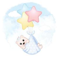 bebê fofo urso com balão de ilustração de desenho animado recém-nascido vetor