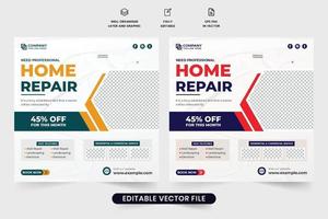 design de modelo de banner da web de renovação em casa para marketing de mídia social. vetor de postagem de mídia social de serviço de reparo em casa com espaços reservados para fotos. design de pôster promocional de serviço de faz-tudo imobiliário.