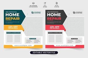 cartaz de anúncio de serviço de reparo doméstico profissional com cores amarelas e vermelhas. vetor de banner promocional da web de serviço de faz-tudo para marketing. postagem de mídia social de negócios de reparo doméstico imobiliário.