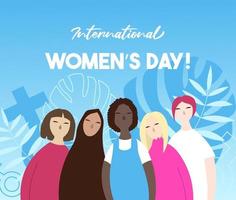 pôster do dia internacional da mulher representando 5 mulheres diferentes no fundo gradiente azul. vetor
