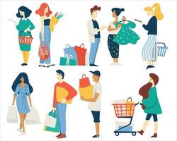 homens e mulheres de compras com sacolas, cesta ou carrinho de supermercado vetor