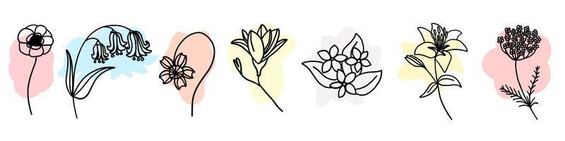 flores com pincel colorido definido no estilo cartoon doodle plana. ilustração vetorial em fundo branco. vetor