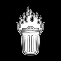 lata de lixo ilustração de arte flamejante desenhada à mão vetor preto e branco para tatuagem, adesivo, logotipo etc