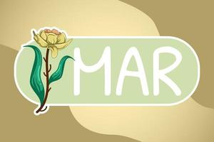 nome do mês de março com elemento de flor de nascimento de narciso para adesivo, diário, nota, calendário, planejador vetor