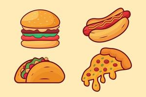 design de ilustração de fast-food com hambúrguer estilo cartoon pizza de cachorro-quente e sanduíche vetor