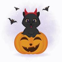 gato preto com ilustração de halloween de animal de desenho animado desenhado à mão de abóbora vetor