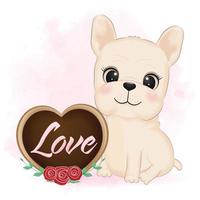 filhote de cachorro fofo bulldog francês e biscoito de coração ilustração do conceito de dia dos namorados vetor