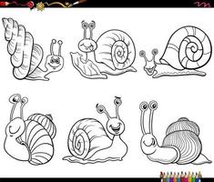 caracóis de desenho animado conjunto de personagens animais página para colorir vetor