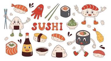 sushi de vetor definido em estilo retrô. sushi, wasabi, molho de soja, onigiri e camarão frito. mascotes de sushi descolados. coleção de comida japonesa.