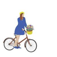 menina com uma bicicleta e flores. vetor