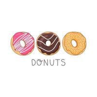 ilustração vetorial. um conjunto de 3 donuts com cobertura rosa, chocolate e caramelo. decoração para cartões, cartazes, patches, estampas de roupas, emblemas. vetor