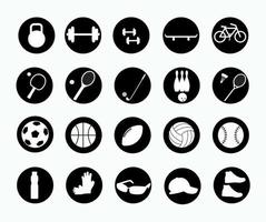 conjunto de ícones redondos de esportes. coleção de 20 símbolos vetoriais em círculos. equipamentos esportivos.