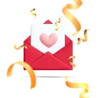 Modelo de banner de dia dos namorados de renderização realista de vetor 3d amor carta de correio de envelope vermelho romântico com formas de coração rosa e design de serpentina de confete torcido voador