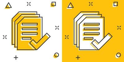 ícone de documento aprovado em estilo cômico. autorizar a ilustração vetorial dos desenhos animados sobre fundo branco isolado. conceito de negócio de efeito de respingo de marca de seleção de acordo. vetor