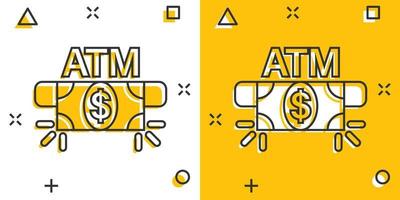 ícone atm de dinheiro em estilo cômico. troque a ilustração do vetor dos desenhos animados do dinheiro no fundo branco isolado. conceito de negócio de efeito de respingo de conta de notas.