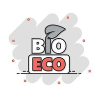 ícone de produto natural em estilo cômico. bio, ilustração em vetor eco distintivo dos desenhos animados no fundo branco isolado. conceito de negócio de sinal de efeito de respingo de emblema vegano.