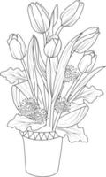 ramo de flores de flor de tulipa com mão de vaso desenho ilustração vetorial elementos de design vintage buquê floral natural coleção. vetor
