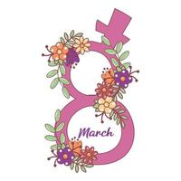 símbolo de gênero feminino rosa inscrito em 8 de março com flores e folhas em estilo doodle vetor