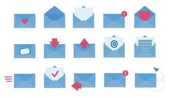 ícone de envelope de correio definido nas cores azuis e rosa, isoladas no fundo branco. notificação por e-mail de nova carta, avião de papel, marca de seleção. mensagens recebidas, enviadas e importantes. ilustração vetorial.