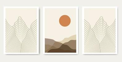 cartazes de paisagem estética abstrata. fundo boho moderno com sol e montanhas de listras vetor