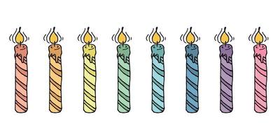 conjunto de velas de aniversário em chamas. ilustração de rabiscos. clipart desenhado à mão para cartão, logotipo, design vetor