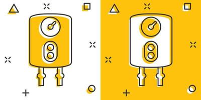 ícone de caldeira a gás em estilo cômico. ilustração em vetor aquecedor dos desenhos animados no fundo isolado. conceito de negócio de sinal de efeito de respingo fervente.