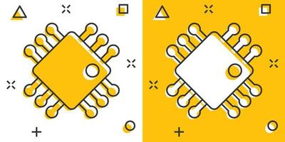 ícone da cpu do computador em estilo cômico. placa de circuito cartoon ilustração vetorial sobre fundo branco isolado. conceito de negócio de efeito de respingo de chip de placa-mãe. vetor
