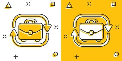 maleta com ícone de seta em estilo cômico. ilustração em vetor saco dos desenhos animados do homem de negócios no fundo branco isolado. conceito de negócio de efeito de respingo de portfólio.