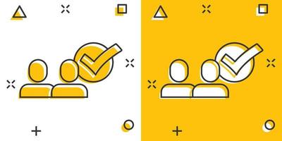 ícone de gerenciamento de organização em estilo cômico. pessoas com ilustração vetorial de desenho de marca de seleção em fundo branco isolado. conceito de negócio de efeito de respingo de empresário. vetor