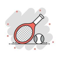 ícone de raquete de tênis em estilo cômico. ilustração em vetor desenhos animados de raquete de jogos em fundo isolado. conceito do negócio do sinal do efeito do respingo da atividade do esporte.