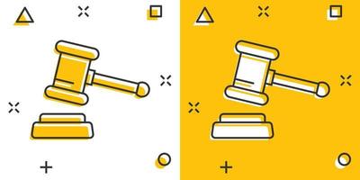 ícone de martelo de leilão em estilo cômico. tribunal sinal dos desenhos animados ilustração vetorial no fundo branco isolado. conceito de negócio de efeito de respingo de tribunal. vetor