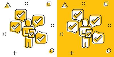 ícone de gerenciamento de organização em estilo cômico. pessoas com ilustração vetorial de desenho de marca de seleção em fundo branco isolado. conceito de negócio de efeito de respingo de empresário. vetor