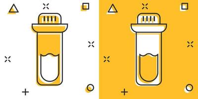 sangue no ícone do tubo de ensaio em estilo cômico. frasco de laboratório ilustração vetorial dos desenhos animados no fundo isolado. líquido no conceito de negócio de sinal de efeito de respingo de copo. vetor