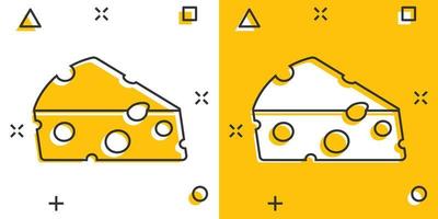 ícone de fatia de queijo em estilo cômico. ilustração em vetor leite comida dos desenhos animados no fundo isolado. conceito de negócio de sinal de efeito de respingo de café da manhã.