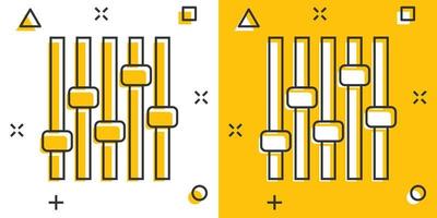 controle o ícone de volume em estilo cômico. áudio ajustando a ilustração vetorial de sinal dos desenhos animados no fundo branco isolado. conceito de negócio de efeito de respingo de filtro. vetor