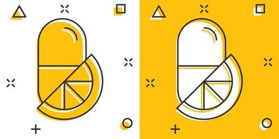 ícone de nota de pílula de vitamina em estilo cômico. ilustração em vetor cápsula dos desenhos animados no fundo branco isolado. conceito de negócio de sinal de efeito de respingo antibiótico.