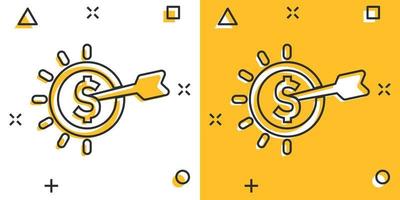 alvo de dardos com ícone de dólar em estilo cômico. orçamento depósito ilustração vetorial dos desenhos animados no fundo isolado. conceito de negócio de sinal de efeito de respingo de realização de estratégia. vetor