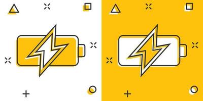 ícone de bateria em estilo cômico. ilustração em vetor acumulador dos desenhos animados no fundo branco isolado. conceito de negócio de efeito de respingo de carregador de energia.